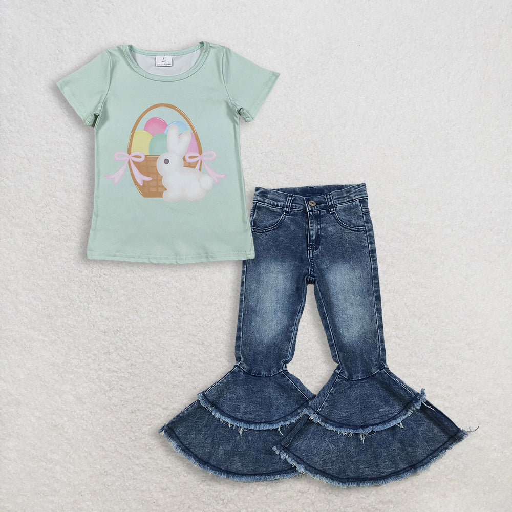 RTS NO MOQ GT1396+C5-15 Baby Girls Short Sleeve Rabbits Eggs Easter T-shirts Top Washed Blue Ruffle Detail Denim Jeans Set for Little Girls