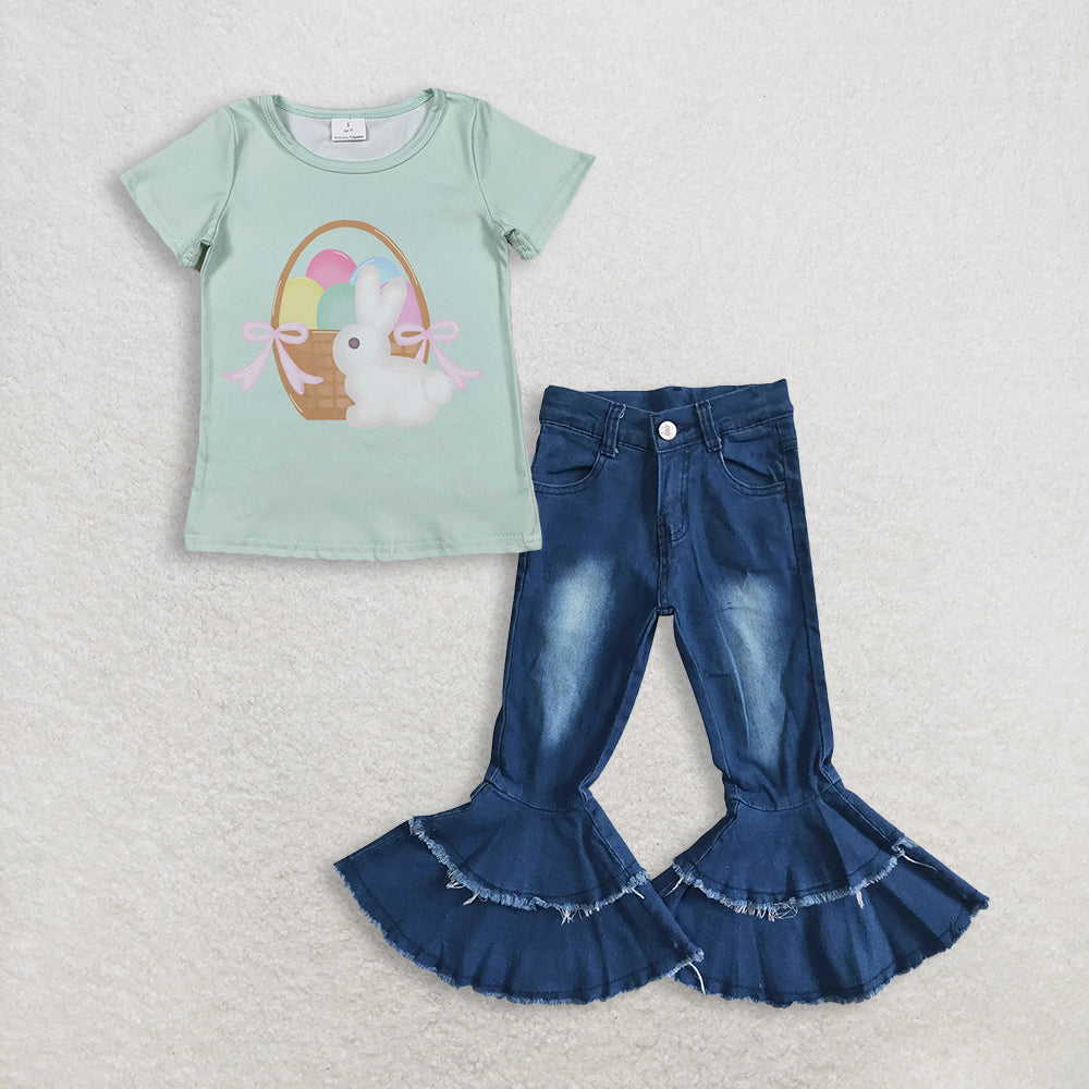 RTS NO MOQ GT1396+P0003 Baby Girls Short Sleeve Rabbits Eggs Easter T-shirts Top navy blue bleached double ruffle denim pants