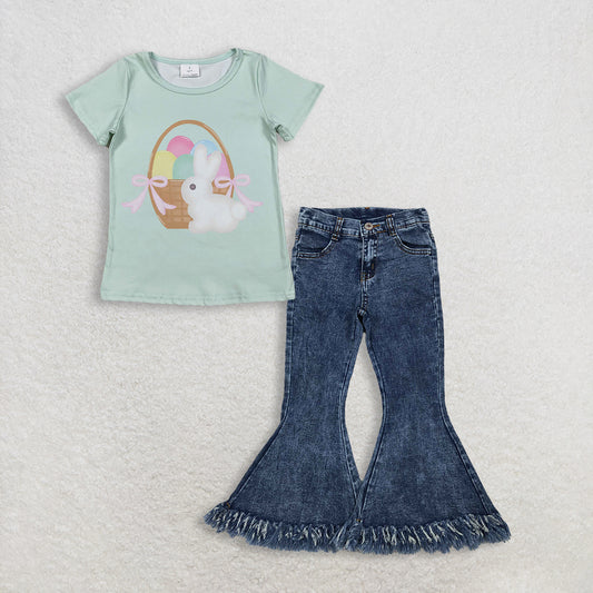 RTS NO MOQ GT1396+P0132 Baby Girls Short Sleeve Rabbits Eggs Easter T-shirts Top Navy Tassel Denim Bell Pants