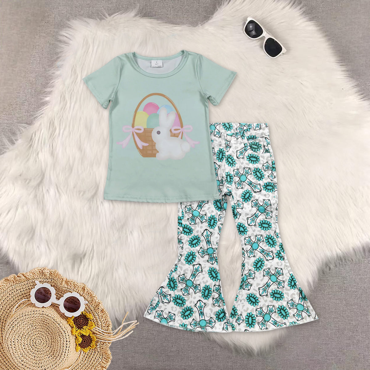 RTS NO MOQ（In Stock) baby girls clothes easter short-sleeved top demin pants set