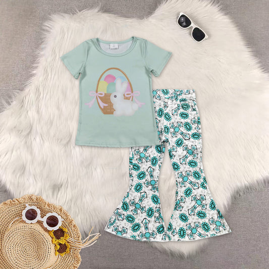 RTS NO MOQ（In Stock) baby girls clothes easter short-sleeved top demin pants set