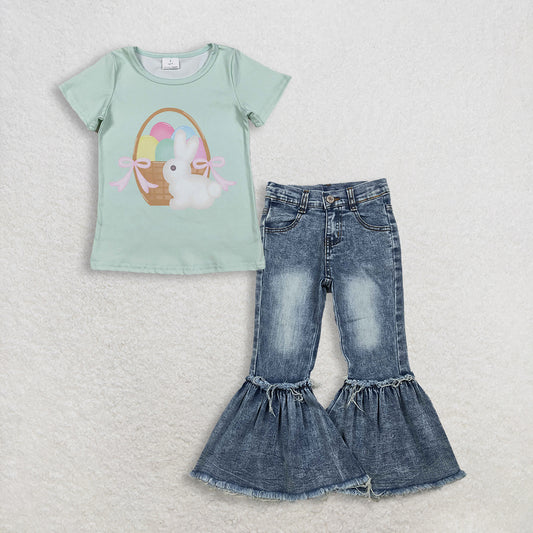 RTS NO MOQ GT1396+P0676 Baby Girls Short Sleeve Rabbits Eggs Easter T-shirts Top Navy Bleached Denim Flare Pants