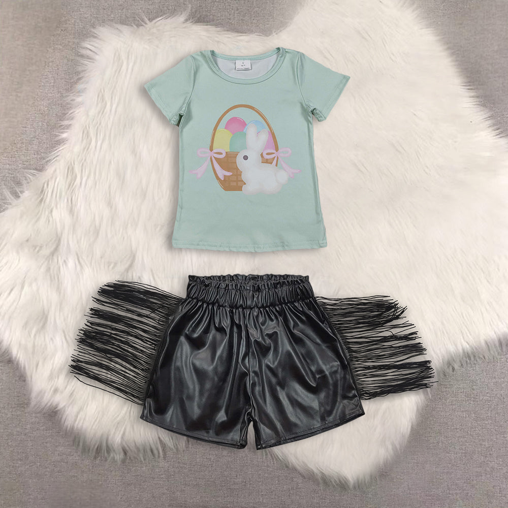 RTS NO MOQ（In Stock) easter short-sleeved top shiny leather fringed shorts sets