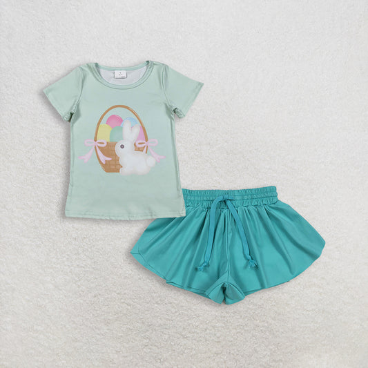 RTS NO MOQ GT1396+SS0553 Baby Girls Easter Short Sleeve T-shirt And Aqua Yoga Shorts Set Fashion Outfit for Little Ones
