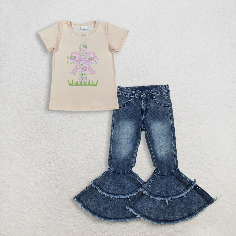 RTS NO MOQ GT1397+C5-15 Baby Girls Short Sleeve Flowers Cross Easter T-shirts Top Washed Blue Ruffle Detail Denim Jeans Set for Little Girls