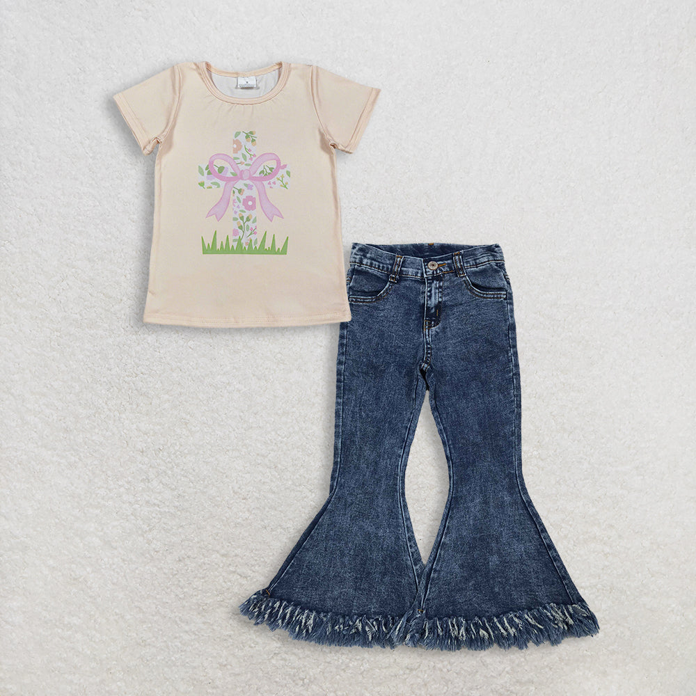 RTS NO MOQ GT1397+P0132 Baby Girls Short Sleeve Flowers Cross Easter T-shirts Top Navy Tassel Denim Bell Pants