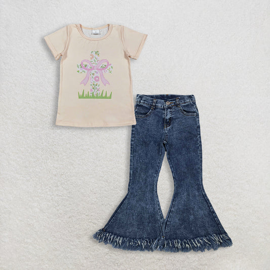 RTS NO MOQ GT1397+P0132 Baby Girls Short Sleeve Flowers Cross Easter T-shirts Top Navy Tassel Denim Bell Pants