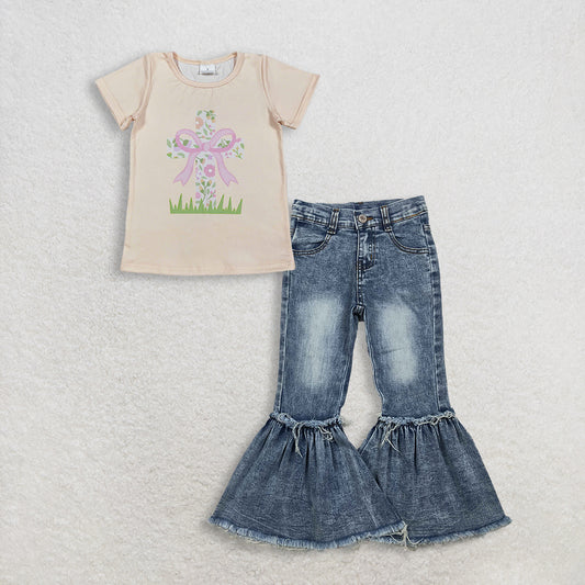 RTS NO MOQ GT1397+P0676 Baby Girls Short Sleeve Flowers Cross Easter T-shirts Top Navy Bleached Denim Flare Pants