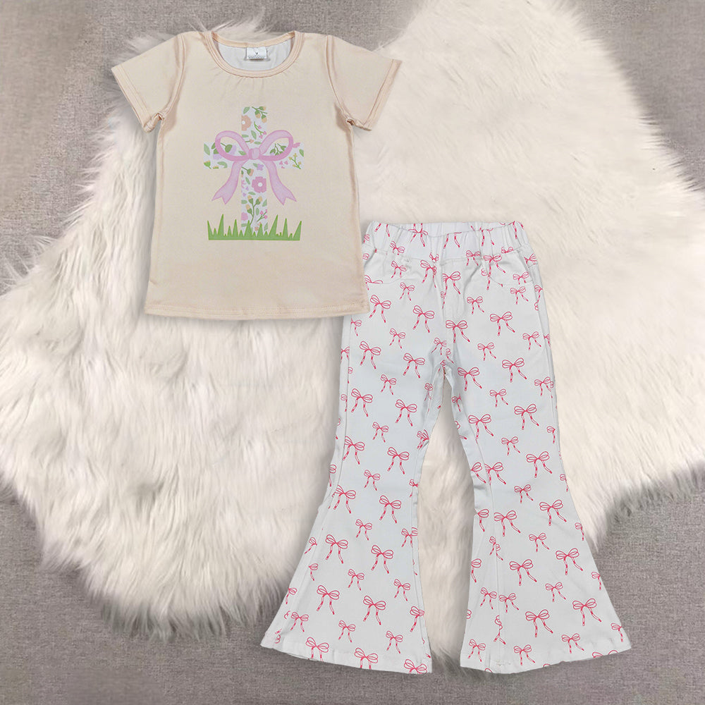 RTS NO MOQ（In Stock) baby girls clothes easter short-sleeved top demin pants set