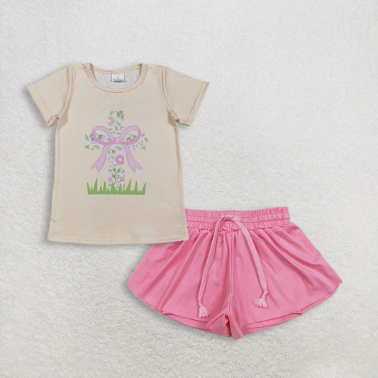 RTS NO MOQ GT1397+SS0546 Baby Girls Easter Short Sleeve T-shirt Pink Yoga Shorts Set Cross Floral Print Top And Bottoms Outfit for Kids