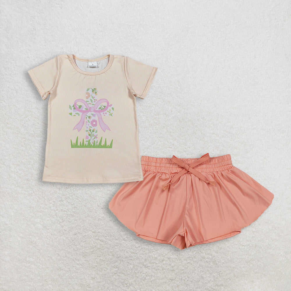 RTS NO MOQ GT1397+SS0547 Baby Girls Easter Short Sleeve T-shirt Peach Skort Shorts Bottoms