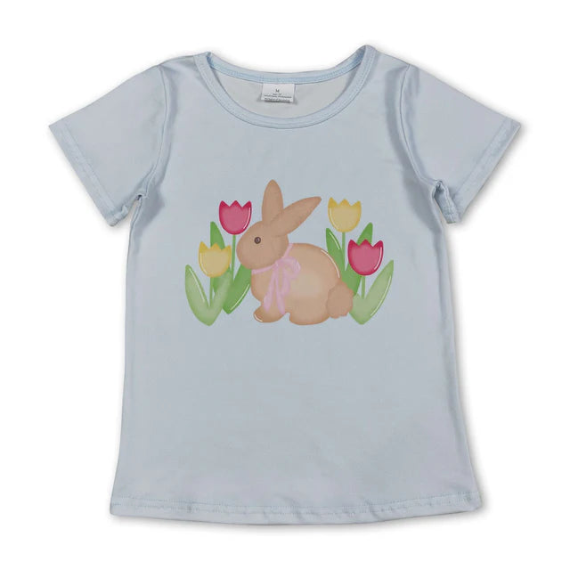 RTS NO MOQ milk silk GT1398+P0415 Baby Girls Baby Blue Short Sleeve Flowers Rabbits Easter T-shirts Top and White Singer Bell Bottom Flare Pants