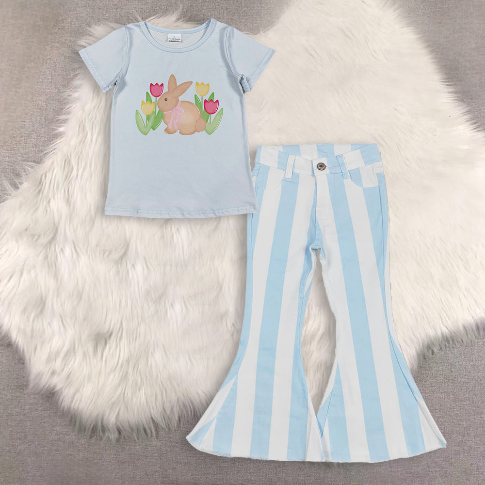RTS NO MOQ（In Stock) baby girls clothes easter short-sleeved top demin pants set