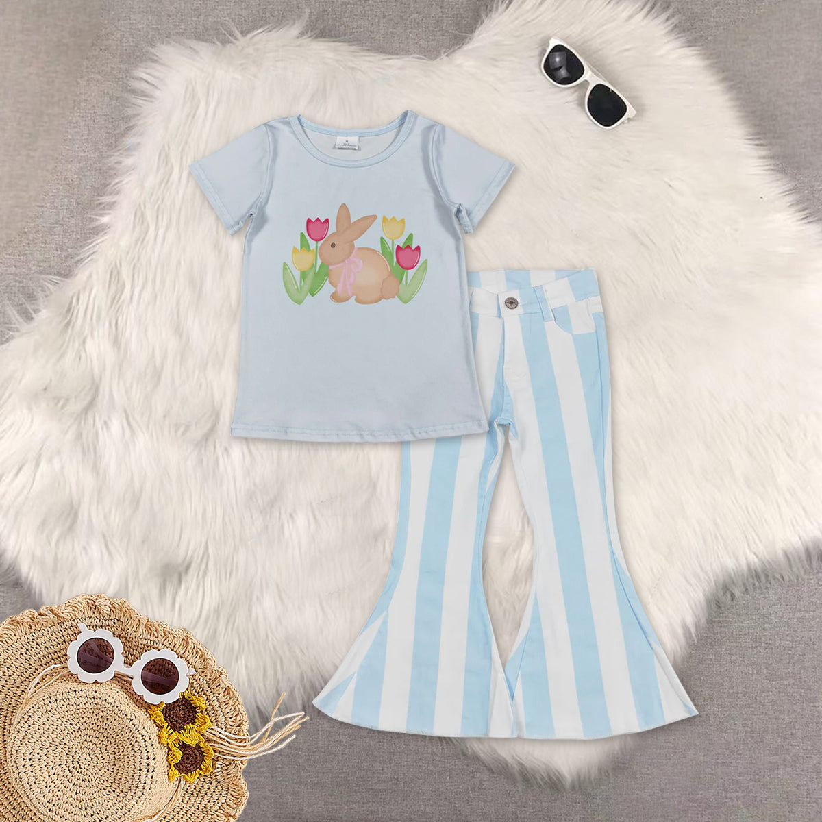 RTS NO MOQ Sibling Baby Girls clothes easter short sleeve pants Set and top and jeans pants
