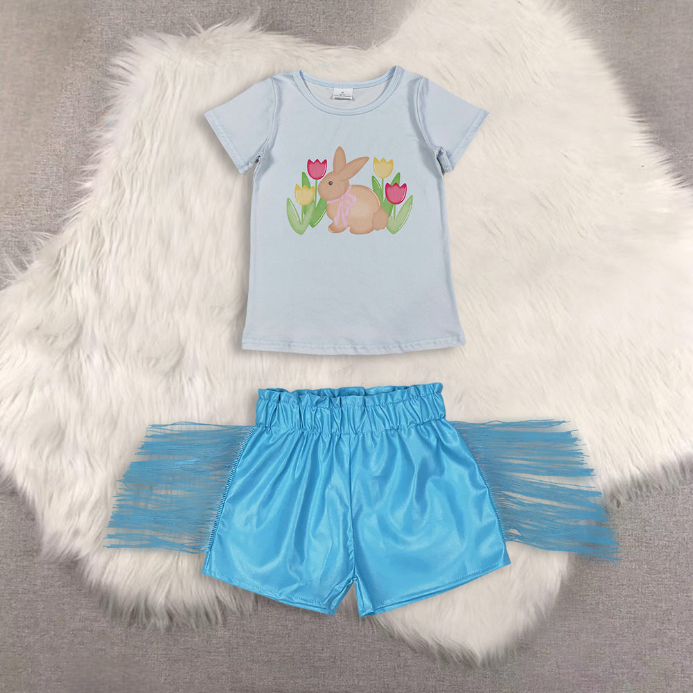 RTS NO MOQ（In Stock ) easter short-sleeved top shiny leather fringed shorts sets