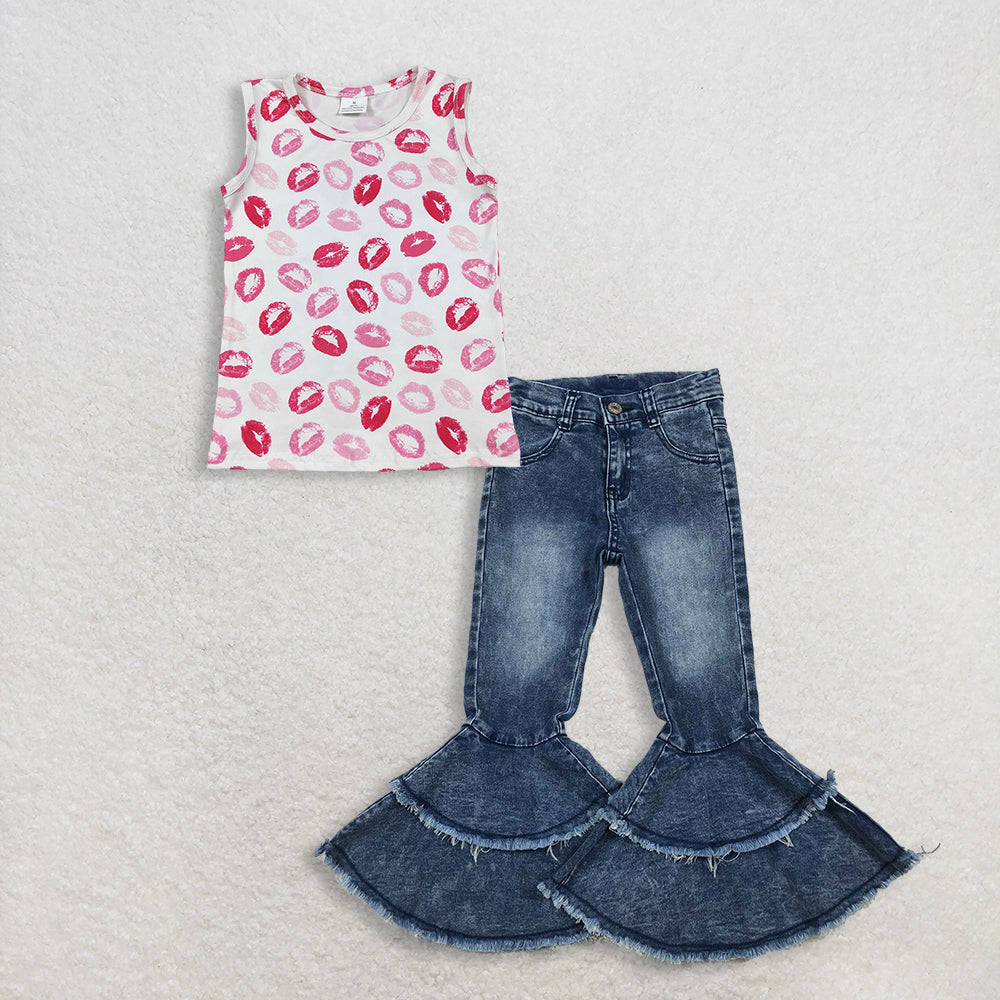 RTS NO MOQ GT1419+C5-15 Baby Girls Sleeveless Valentines Vest Tops Washed Blue ruffle denim jeans