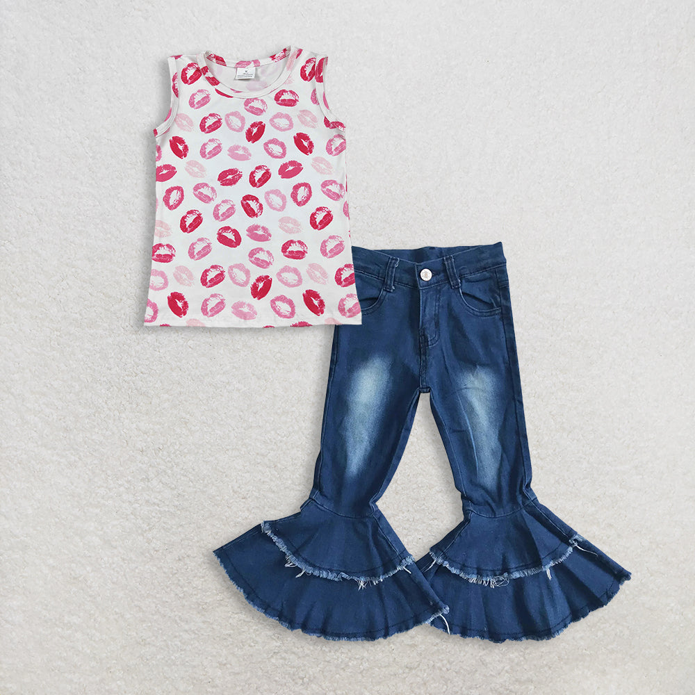 RTS NO MOQ GT1419+ P0003 Baby Girls Sleeveless Valentines Vest Tops Pink  Navy Blue Bleached Denim Pants