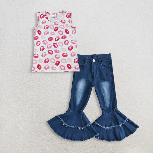 RTS NO MOQ GT1419+ P0003 Baby Girls Sleeveless Valentines Vest Tops Pink  Navy Blue Bleached Denim Pants
