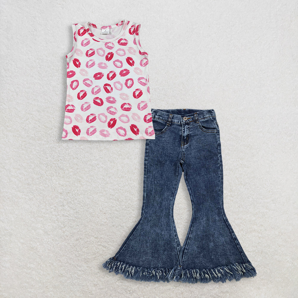 RTS NO MOQ GT1419+ P0132 Baby Girls Sleeveless Valentines Vest Tops Navy Tassel Denim Bell Pants