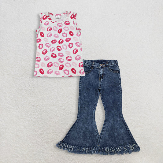 RTS NO MOQ GT1419+ P0132 Baby Girls Sleeveless Valentines Vest Tops Navy Tassel Denim Bell Pants