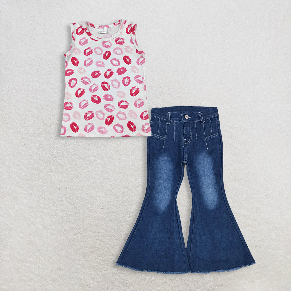 RTS NO MOQ GT1419+P0457 Baby Girls Sleeveless Valentines Vest Tops Western Navy Bell Flare Denim Pants