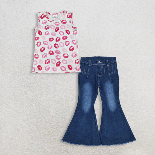 RTS NO MOQ GT1419+P0457 Baby Girls Sleeveless Valentines Vest Tops Western Navy Bell Flare Denim Pants