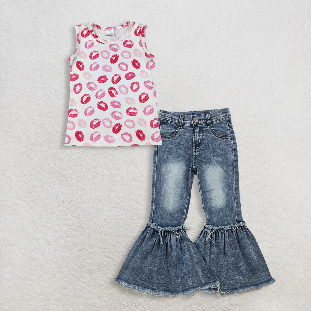 RTS NO MOQ GT1419+P0676 Baby Girls Sleeveless Valentines Vest Tops Navy Bleached Denim Flare Pants