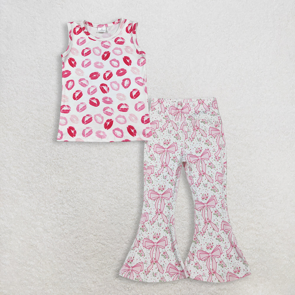 RTS NO MOQ GT1419+P0773 Baby Girls Sleeveless Pink Valentines Vest Tops And Pink Floral Bows Bell Bottom Yoga Active Pants