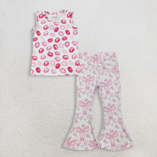 RTS NO MOQ GT1419+P0773 Baby Girls Sleeveless Pink Valentines Vest Tops And Pink Floral Bows Bell Bottom Yoga Active Pants