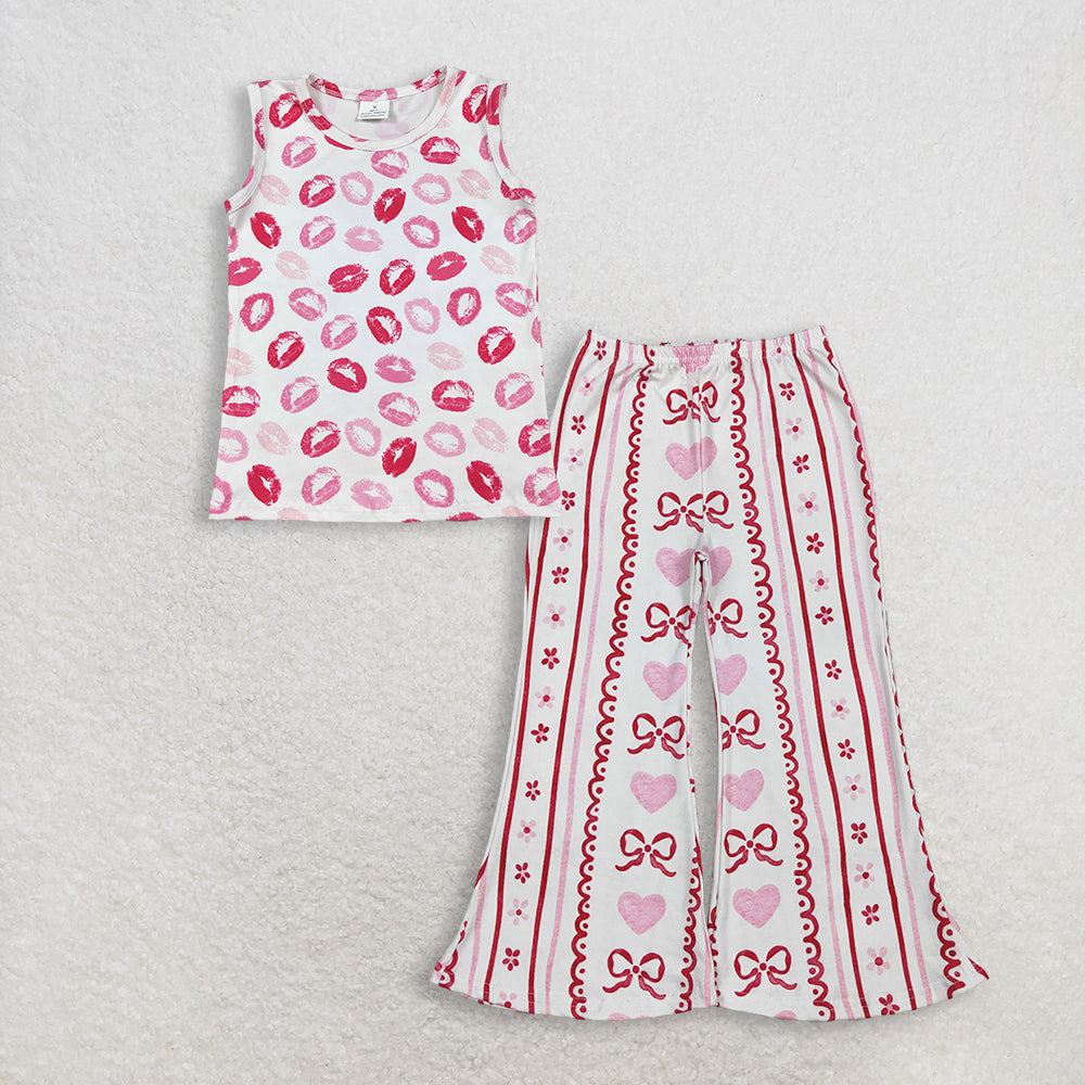 RTS NO MOQ GT1419+P0894 Baby Girls Sleeveless Pink Valentines Vest Tops And Bows Hearts Flowers Stripe Valentines Flare Pants Bottom