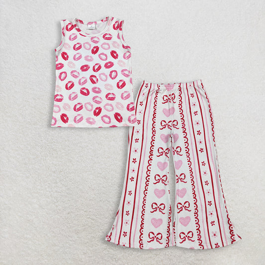 RTS NO MOQ GT1419+P0894 Baby Girls Sleeveless Pink Valentines Vest Tops And Bows Hearts Flowers Stripe Valentines Flare Pants Bottom