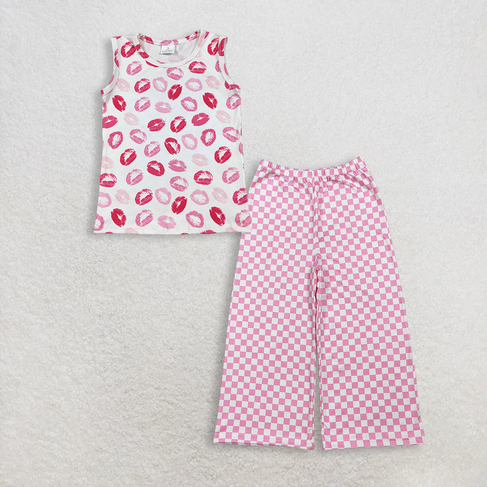 RTS NO MOQ GT1419+P1018 Baby Girls Sleeveless Pink Valentines Vest Tops And Pink Checked Flare Pants Bottom