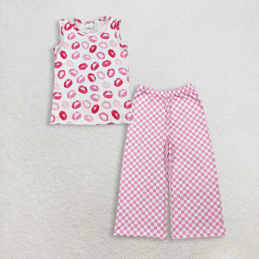 RTS NO MOQ GT1419+P1018 Baby Girls Sleeveless Pink Valentines Vest Tops And Pink Checked Flare Pants Bottom