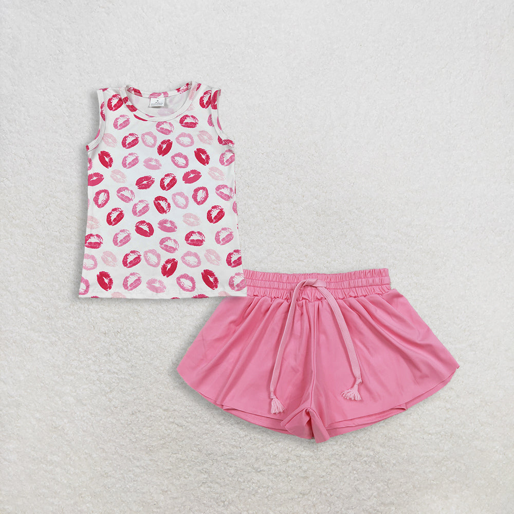 RTS NO MOQ GT1419+SS0546 Baby Girls Sleeveless Valentines Vest Tops Pink Yoga Shorts Bottoms