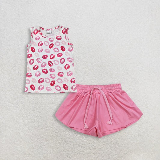 RTS NO MOQ GT1419+SS0546 Baby Girls Sleeveless Valentines Vest Tops Pink Yoga Shorts Bottoms
