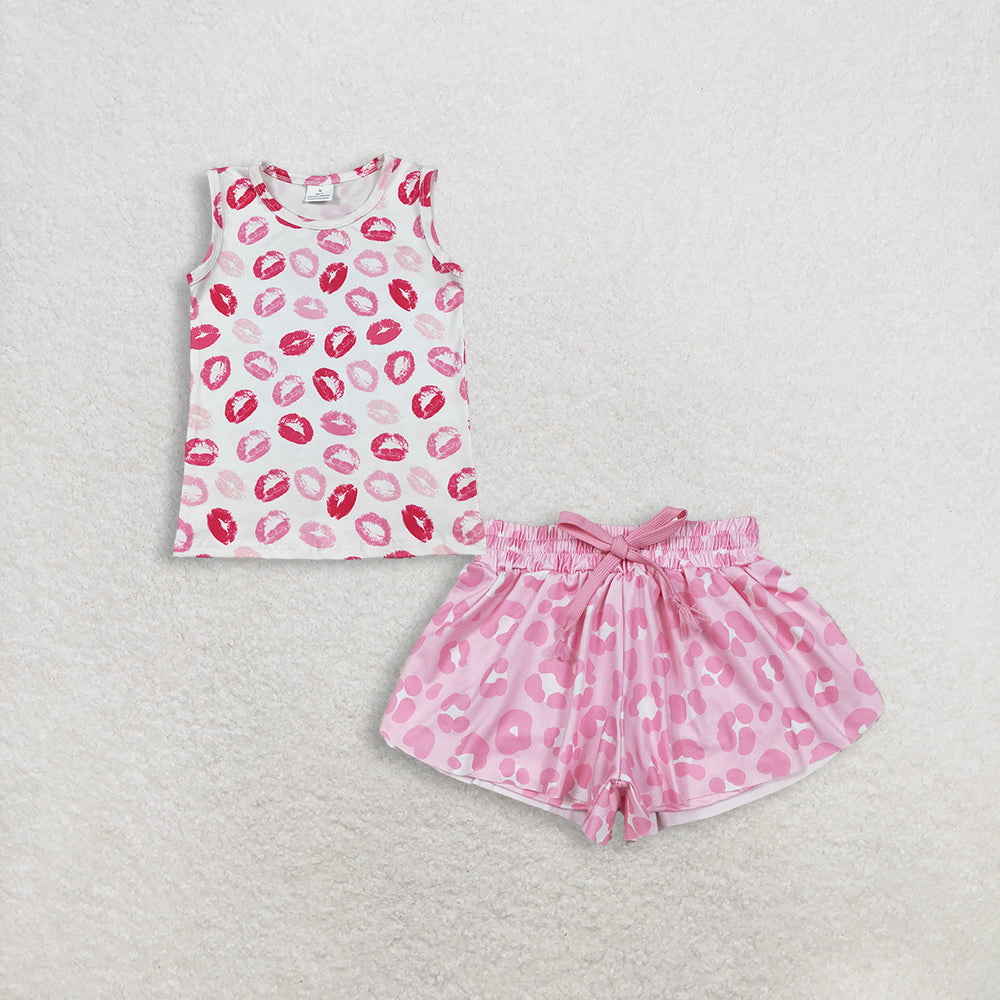 RTS NO MOQ GT1419+SS0587 Baby Girls Sleeveless Valentines Vest Tops Pink Leopard Summer Shorts Bottoms