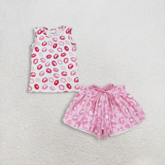 RTS NO MOQ GT1419+SS0587 Baby Girls Sleeveless Valentines Vest Tops Pink Leopard Summer Shorts Bottoms