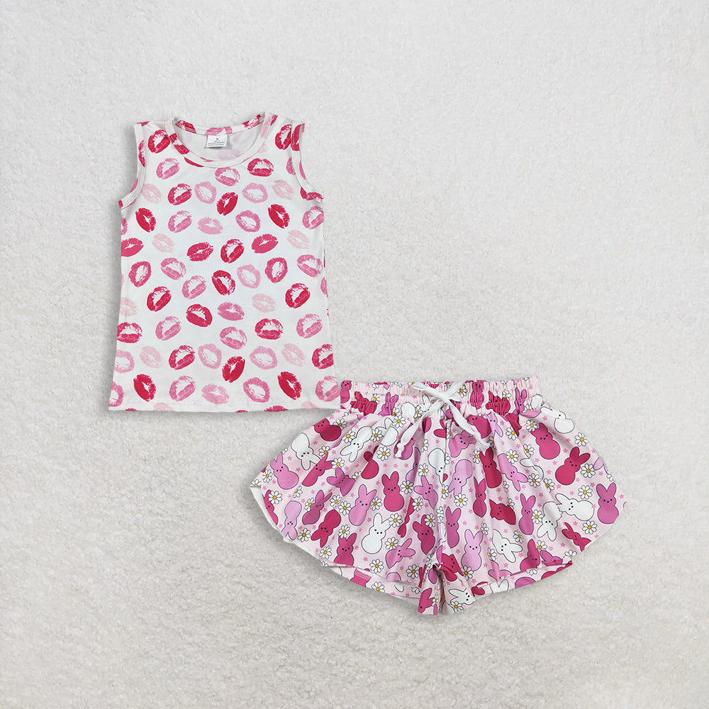 RTS NO MOQ GT1419+SS0714 Baby Girls Sleeveless Valentines Vest Tops Pink Rabbits Flowers Easter Yoga Active Ruffle Shorts