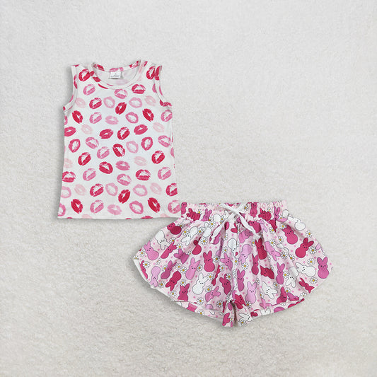 RTS NO MOQ GT1419+SS0714 Baby Girls Sleeveless Valentines Vest Tops Pink Rabbits Flowers Easter Yoga Active Ruffle Shorts