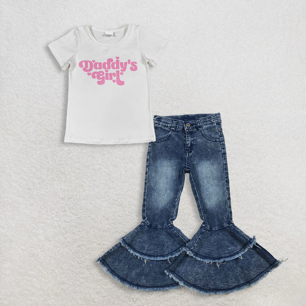 RTS NO MOQ GT1566+ C5-15 Baby Girls Short Sleeve 'Daddy's Girl' Heart Print T-shirt Top Washed Blue Ruffle Detail Denim Jeans Set for Little Girls