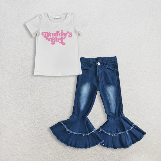 RTS NO MOQ GT1566+P0003 Baby Girls Short Sleeve 'Daddy's Girl' Heart Print T-shirt Top navy blue bleached double ruffle denim pants