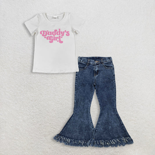 RTS NO MOQ GT1566+ P0132 Baby Girls Short Sleeve 'Daddy's Girl' Heart Print T-shirt Top Navy Tassel Denim Bell Pants
