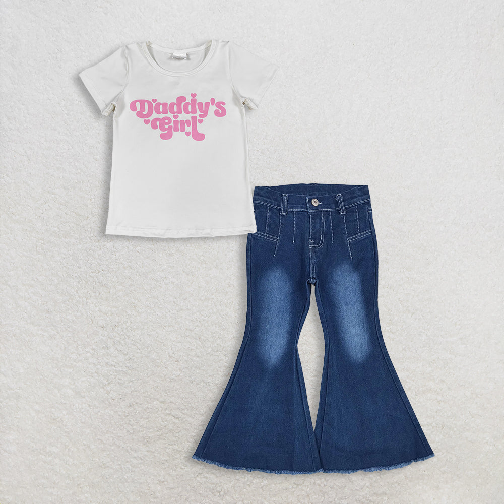 RTS NO MOQ GT1566+P0457 Baby Girls Short Sleeve 'Daddy's Girl' Heart Print T-shirt Top Western Navy Bell Flare Denim Pants