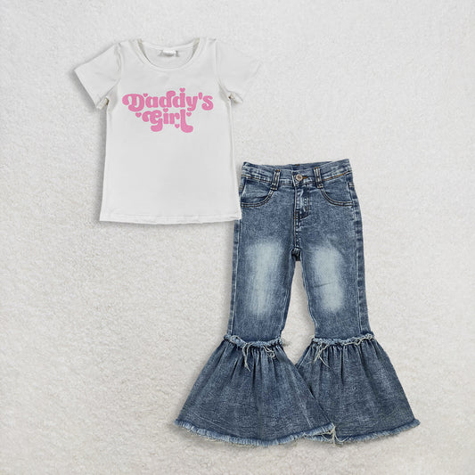 RTS NO MOQ GT1566+P0676 Baby Girls Short Sleeve 'Daddy's Girl' Heart Print T-shirt Top Navy Bleached Denim Flare Pants
