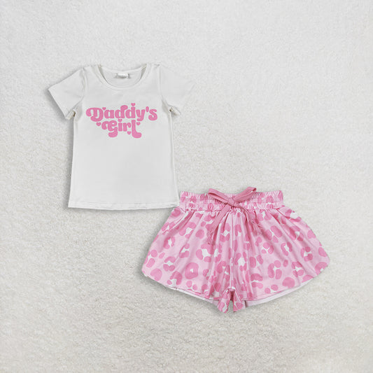 RTS NO MOQ GT1566+SS0587 Baby Girls Short Sleeve Daddy's Girl Hearts T-shirts Top Pink Leopard Summer Shorts Bottoms