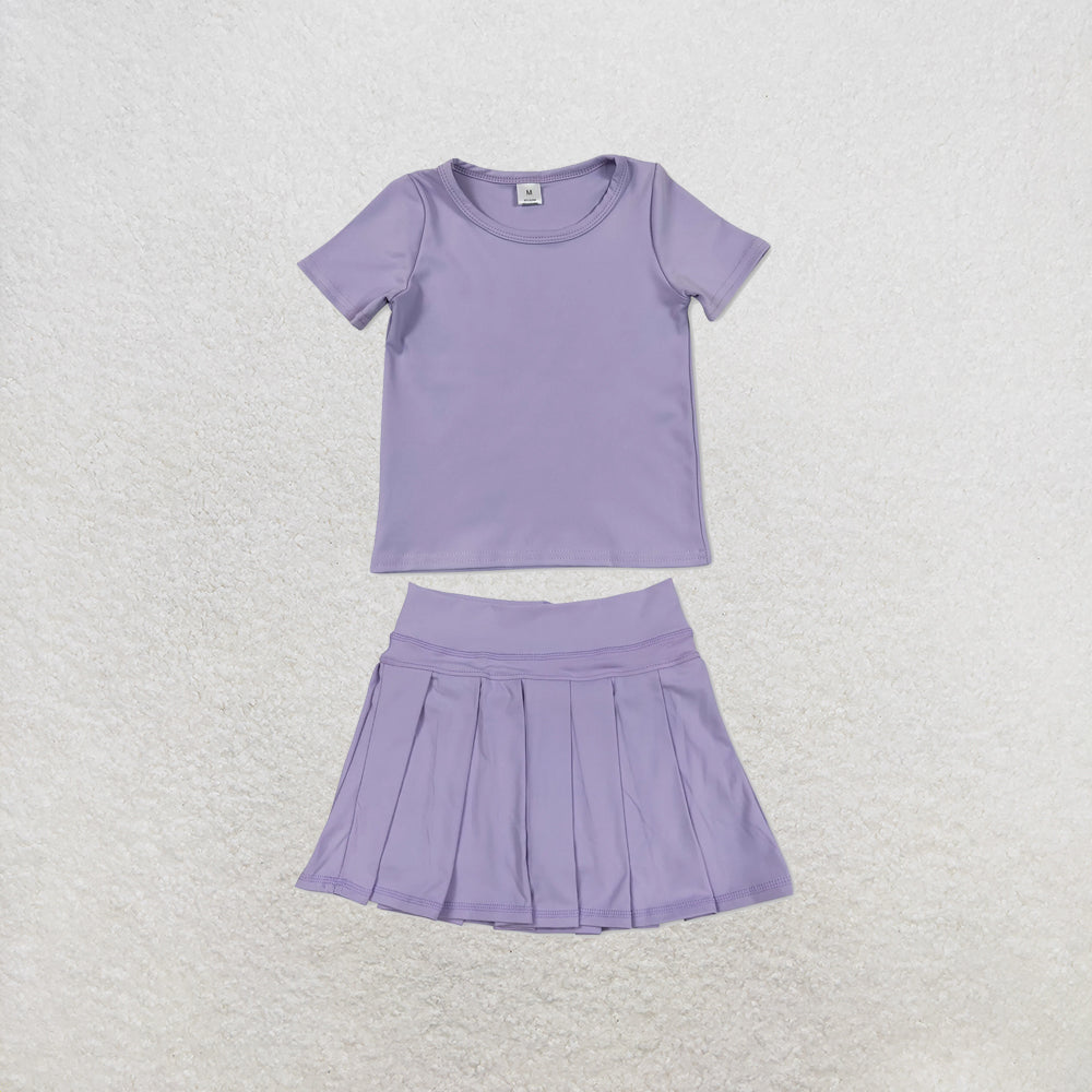 RTS NO MOQ Sibling yoga fabric Baby Girls Solid Color Short Sleeve Yoga T Shirt Top Yoga Active Wear Skirts Set