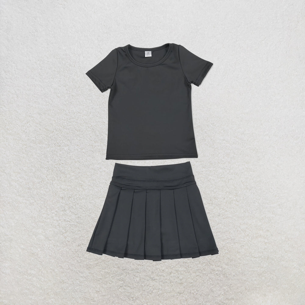 RTS NO MOQ Sibling yoga fabric Baby Girls Solid Color Short Sleeve Yoga T Shirt Top Yoga Active Wear Skirts Set