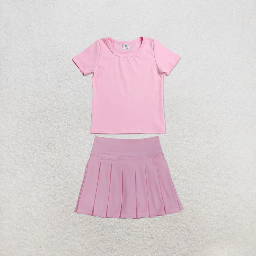 RTS NO MOQ Sibling yoga fabric Baby Girls Solid Color Short Sleeve Yoga T Shirt Top Yoga Active Wear Skirts Set