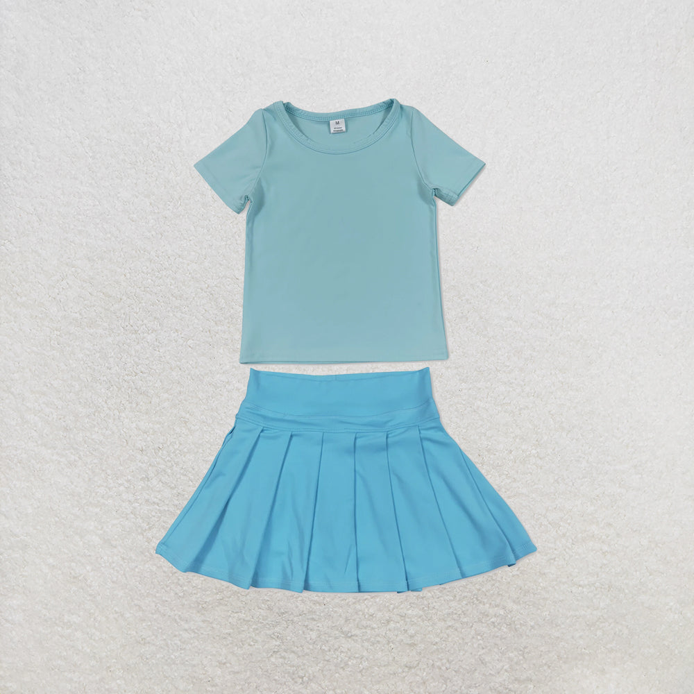 RTS NO MOQ Sibling yoga fabric Baby Girls Solid Color Short Sleeve Yoga T Shirt Top Yoga Active Wear Skirts Set