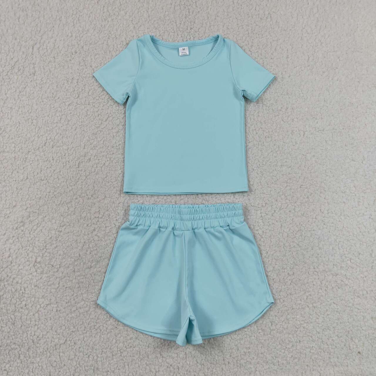 RTS NO MOQ yoga fabric cotton GSSO3762（GT1631+SS0898）Baby Girls Light Blue Short Sleeve Top Sport Shorts Sets